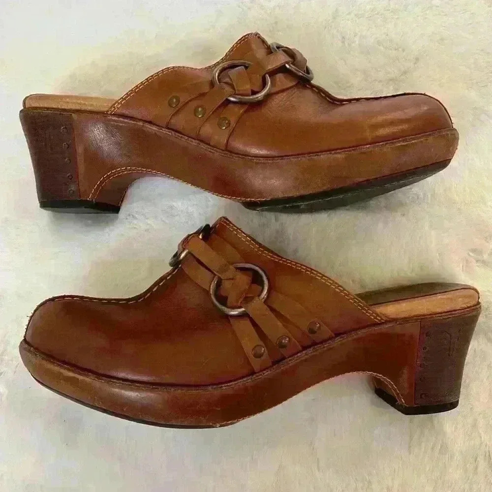 Leather Frye harness clogs